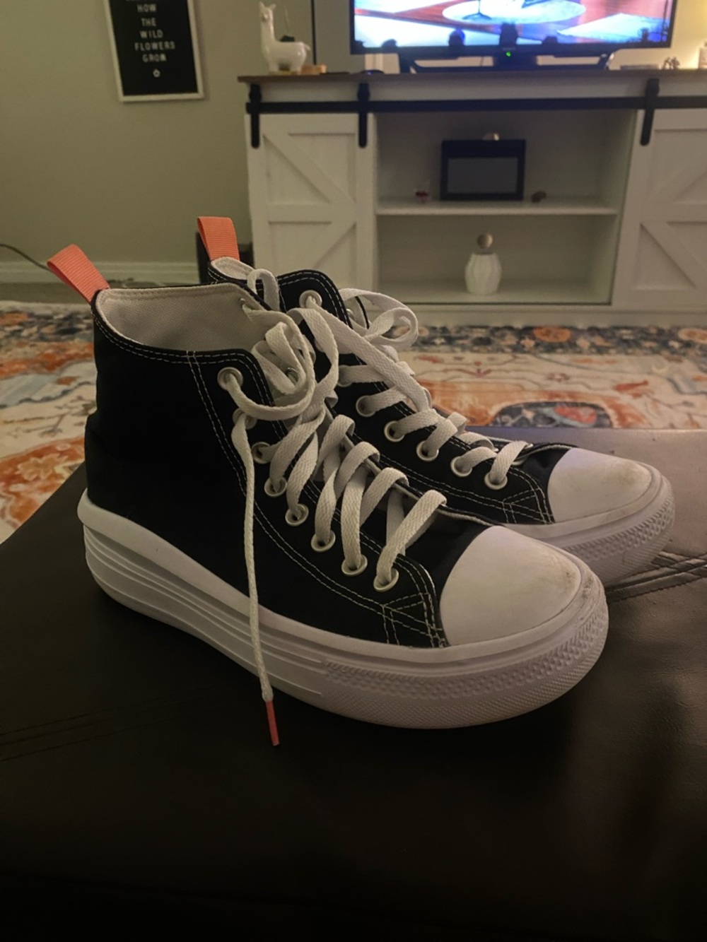 Converse Platform White High-Top Sneakers with Coral Stitching